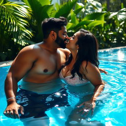 A romantic scene in a refreshing swimming pool showcasing a tall Indian woman with a curvy figure, highlighted by her thick thighs, sharing a passionate kiss with her boyfriend