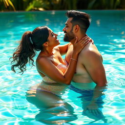 A romantic scene in a refreshing swimming pool showcasing a tall Indian woman with a curvy figure, highlighted by her thick thighs, sharing a passionate kiss with her boyfriend