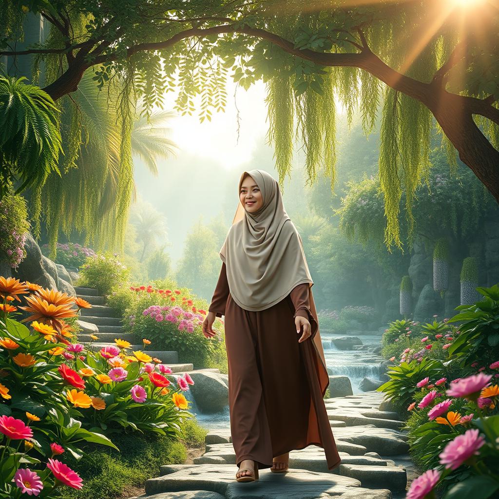 A stunning girl from the houris gracefully walking in a breathtaking paradise