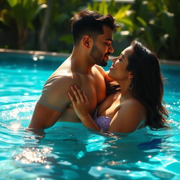 A captivating scene set in a shimmering swimming pool featuring a tall Indian woman with thick thighs, engaged in a romantic kiss with her boyfriend