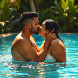 A captivating scene set in a shimmering swimming pool featuring a tall Indian woman with thick thighs, engaged in a romantic kiss with her boyfriend