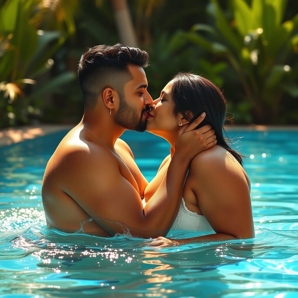 A captivating scene set in a shimmering swimming pool featuring a tall Indian woman with thick thighs, engaged in a romantic kiss with her boyfriend