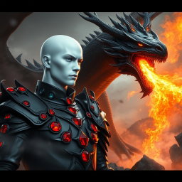 A stunning fantasy scene featuring a character with striking white skin, clad in sleek black armor with vivid red rubies set exclusively on the shoulders