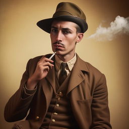 Depict a 29-year-old English gangster from Bristol, right after his part in WWII. Dressed in vintage attire, he is calmly smoking a cigarette.