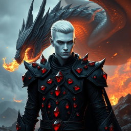 A stunning fantasy scene featuring a character with striking white skin, clad in sleek black armor with vivid red rubies set exclusively on the shoulders
