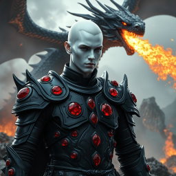 A stunning fantasy scene featuring a character with striking white skin, clad in sleek black armor with vivid red rubies set exclusively on the shoulders