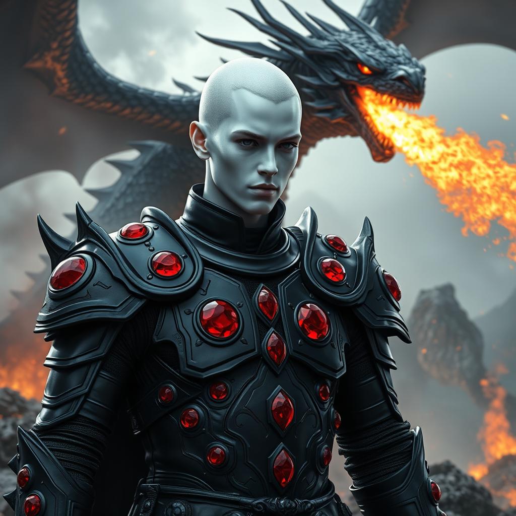 A stunning fantasy scene featuring a character with striking white skin, clad in sleek black armor with vivid red rubies set exclusively on the shoulders