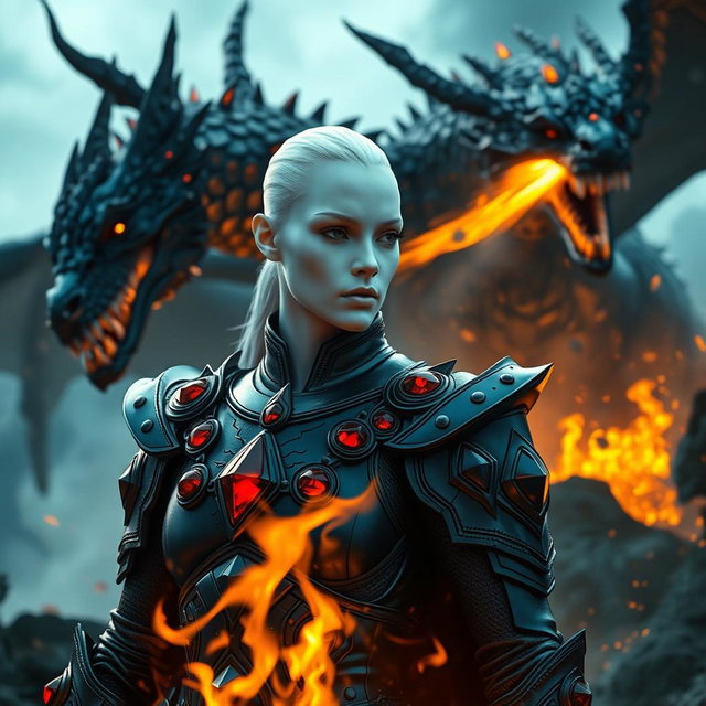 A stunning fantasy scene featuring a character with striking white skin, clad in sleek black armor with vivid red rubies set exclusively on the shoulders