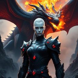 A stunning fantasy scene showcasing a character with luminous white skin, dressed in sleek black armor that is specifically adorned with vivid red rubies set exclusively on the shoulders