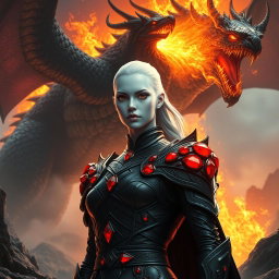 A stunning fantasy scene showcasing a character with luminous white skin, dressed in sleek black armor that is specifically adorned with vivid red rubies set exclusively on the shoulders