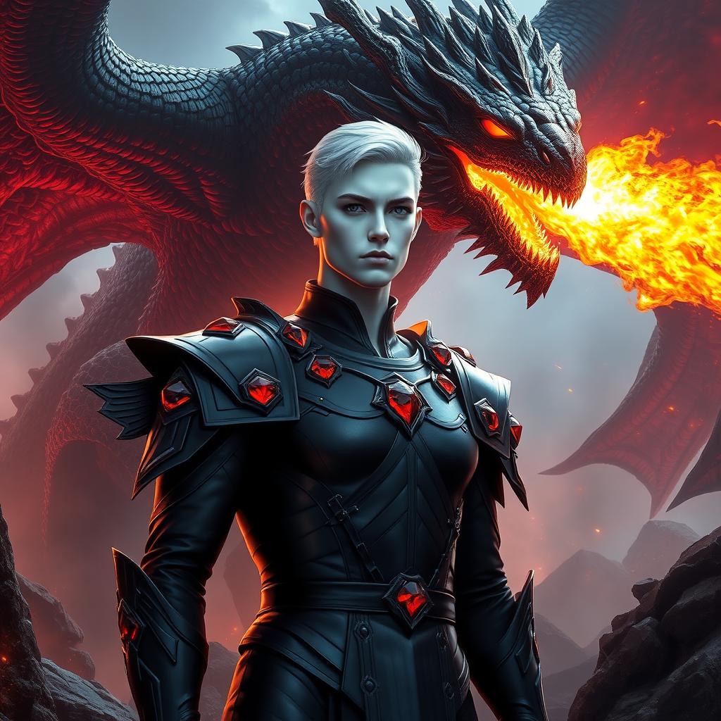 A stunning fantasy scene showcasing a character with luminous white skin, dressed in sleek black armor that is specifically adorned with vivid red rubies set exclusively on the shoulders