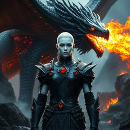A stunning fantasy scene showcasing a character with luminous white skin, dressed in sleek black armor that is specifically adorned with vivid red rubies set exclusively on the shoulders