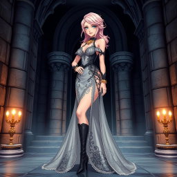 A sexy dominant gothic anime princess with beautiful light pink hair styled confidently, showcasing thick thighs accentuated by stylish black boots