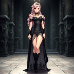 A sexy dominant gothic anime princess with beautiful light pink hair styled confidently, showcasing thick thighs accentuated by stylish black boots
