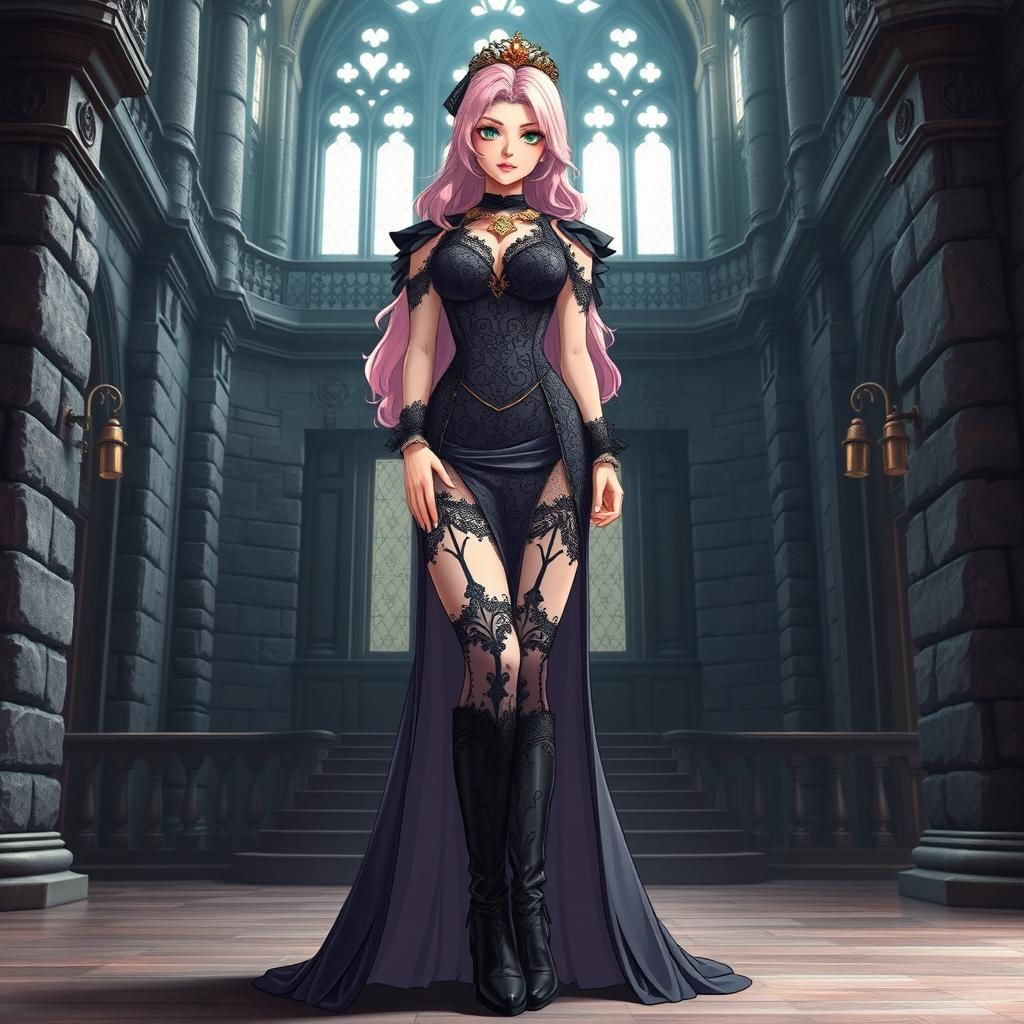 A sexy dominant gothic anime princess with beautiful light pink hair styled confidently, showcasing thick thighs accentuated by stylish black boots