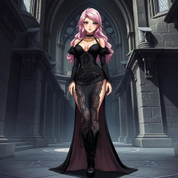 A sexy dominant gothic anime princess with beautiful light pink hair styled confidently, showcasing thick thighs accentuated by stylish black boots