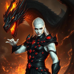 A captivating portrait of a character with luminous white skin, clad in elegant black armor that is adorned with radiant red rubies set exclusively on the shoulders
