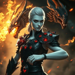 A captivating portrait of a character with luminous white skin, clad in elegant black armor that is adorned with radiant red rubies set exclusively on the shoulders