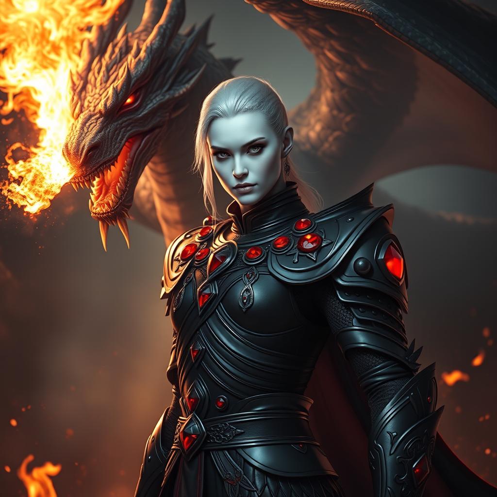 A captivating portrait of a character with luminous white skin, clad in elegant black armor that is adorned with radiant red rubies set exclusively on the shoulders
