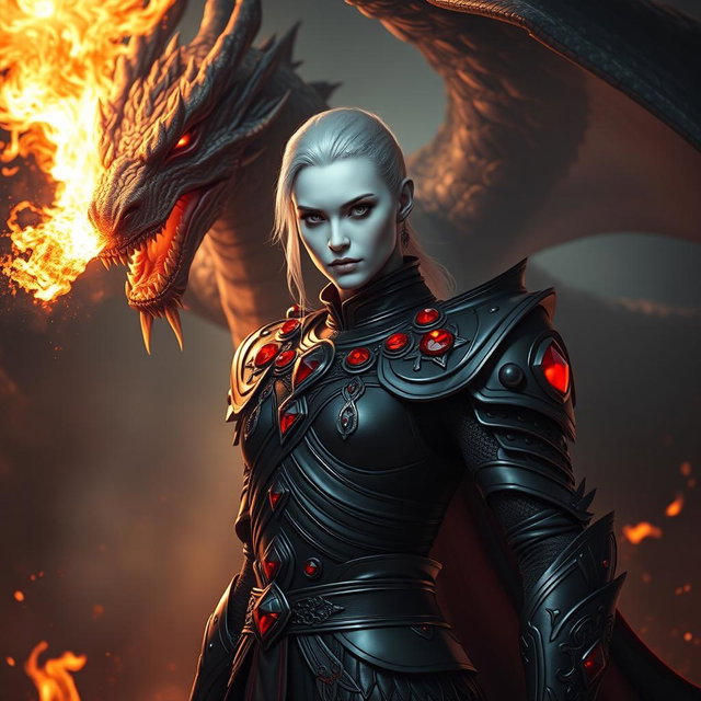 A captivating portrait of a character with luminous white skin, clad in elegant black armor that is adorned with radiant red rubies set exclusively on the shoulders