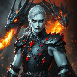 A captivating portrait of a character with luminous white skin, clad in elegant black armor that is adorned with radiant red rubies set exclusively on the shoulders