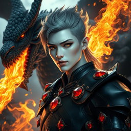 A captivating portrait of a character named Dourkitaya, featuring striking white skin and adorned in sleek black armor that is enhanced with vibrant red rubies exclusively set on the shoulders