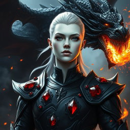 A captivating portrait of a character named Dourkitaya, featuring striking white skin and adorned in sleek black armor that is enhanced with vibrant red rubies exclusively set on the shoulders