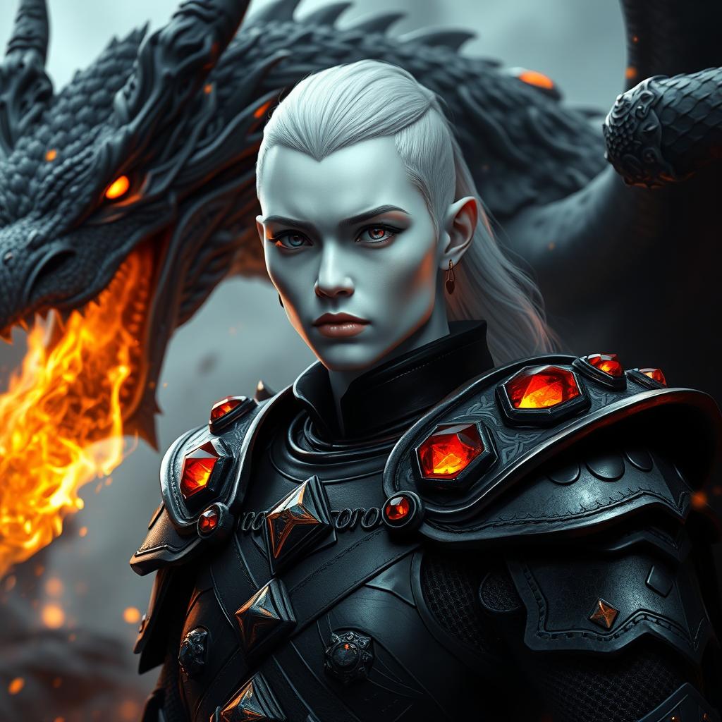 A captivating portrait of a character named Dourkitaya, featuring striking white skin and adorned in sleek black armor that is enhanced with vibrant red rubies exclusively set on the shoulders