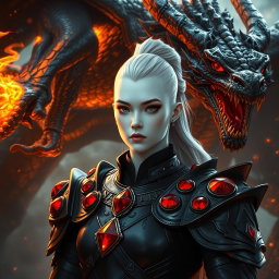 A captivating portrait of a character named Dourkitaya, featuring striking white skin and adorned in sleek black armor that is enhanced with vibrant red rubies exclusively set on the shoulders
