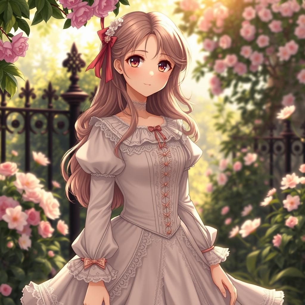 A Victorian maiden anime girl dressed in an exquisite, detailed dress that reflects the elegance of the Victorian era