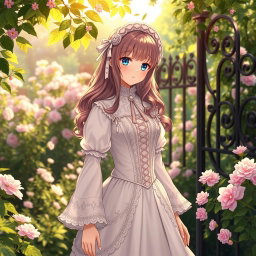 A Victorian maiden anime girl dressed in an exquisite, detailed dress that reflects the elegance of the Victorian era