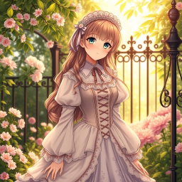 A Victorian maiden anime girl dressed in an exquisite, detailed dress that reflects the elegance of the Victorian era
