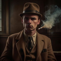 Depict a 29-year-old English gangster from Bristol, right after his part in WWII. Dressed in vintage attire, he is calmly smoking a cigarette.