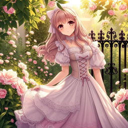 A Victorian maiden anime girl dressed in an exquisite, detailed dress that reflects the elegance of the Victorian era