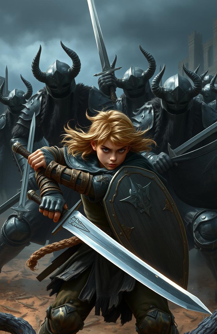 A young swordsman fiercely battling giant soldiers, completely clad in black armor that features ominous horned helmets