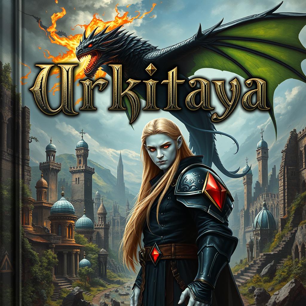 A striking portrait of a book titled 'Urkitaya', featuring a visually stunning cover with the title showcased in an elaborate Gothic font that enhances its fantasy appeal