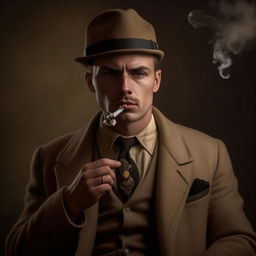 Depict a 29-year-old English gangster from Bristol, right after his part in WWII. Dressed in vintage attire, he is calmly smoking a cigarette.