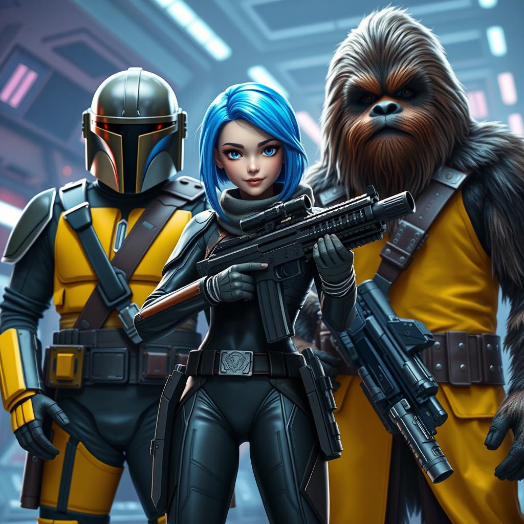 A vibrant scene featuring a Zeltron girl with striking blue hair, clad in sleek black armor, confidently holding a blaster rifle