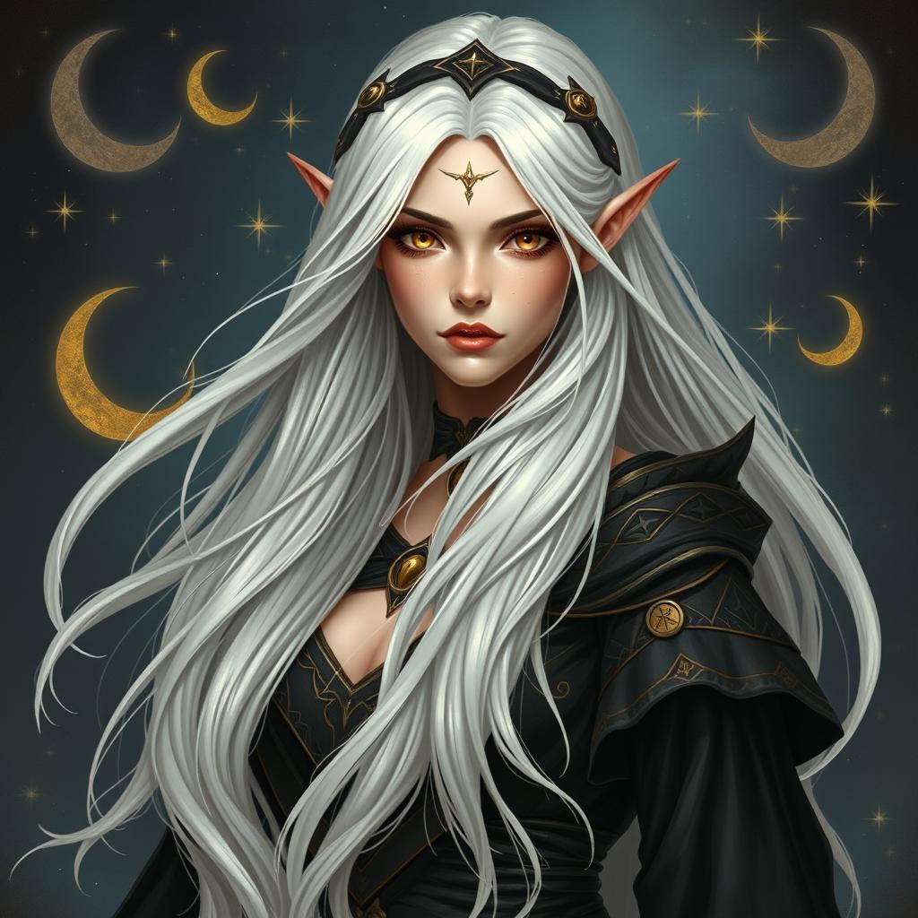 A stunning high elf druid of the Circle of Stars, exhibiting an ethereal beauty