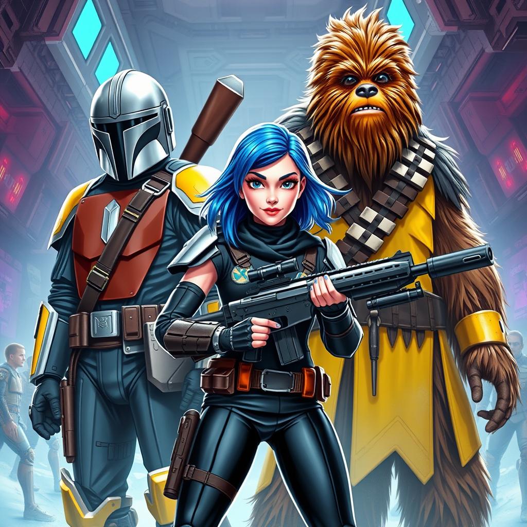 A striking scene featuring a girl with pink skin and vibrant blue hair, dressed in sleek black armor, confidently gripping a blaster rifle