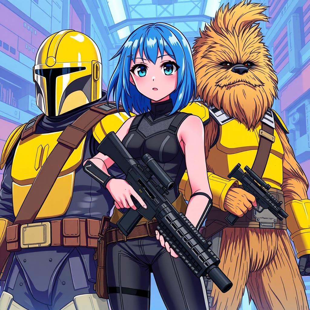 An anime-style illustration featuring a girl with pink skin and bright blue hair, dressed in sleek black armor, confidently holding a blaster rifle
