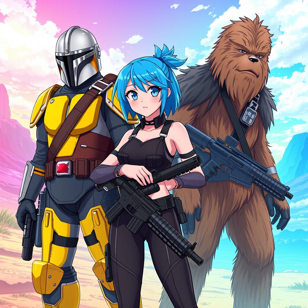 An anime-style illustration featuring a girl with pink skin and bright blue hair, dressed in sleek black armor, confidently holding a blaster rifle