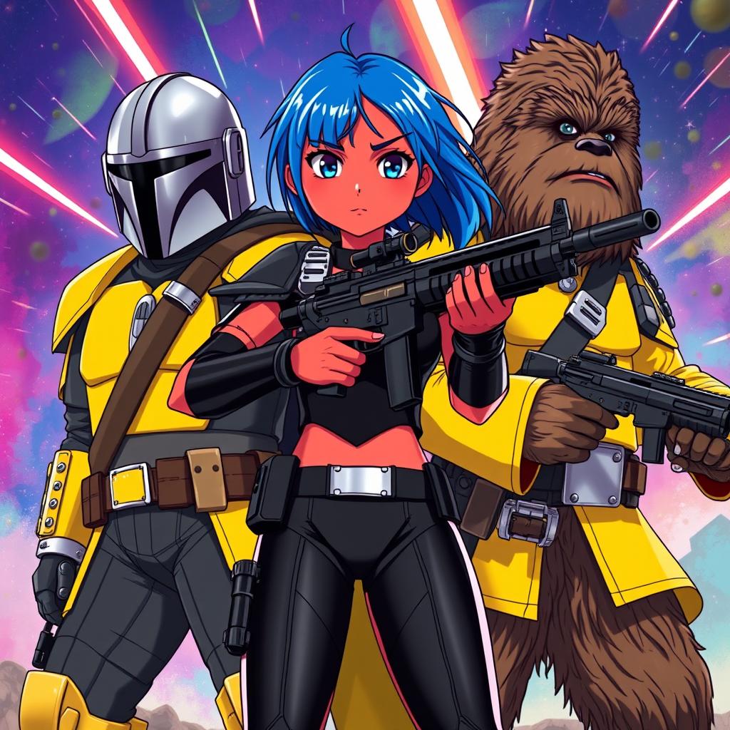 An anime-style illustration featuring a girl with striking red skin and vibrant blue hair, dressed in sleek black armor while confidently wielding a blaster rifle