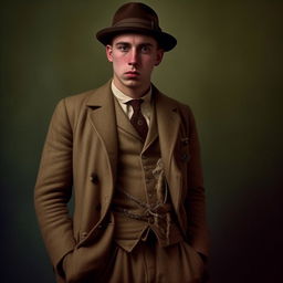 A 29-year-old English gangster from Bristol, dressed in early 20th century fashion, showing signs of a recent fight, and imbued with a post-WW1 aura.