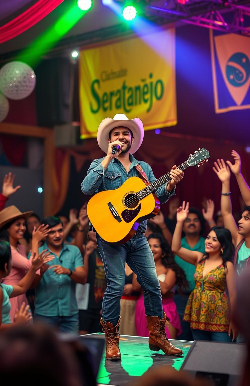 A lively and vibrant scene at a Sertanejo music concert, featuring an energetic male singer performing on stage