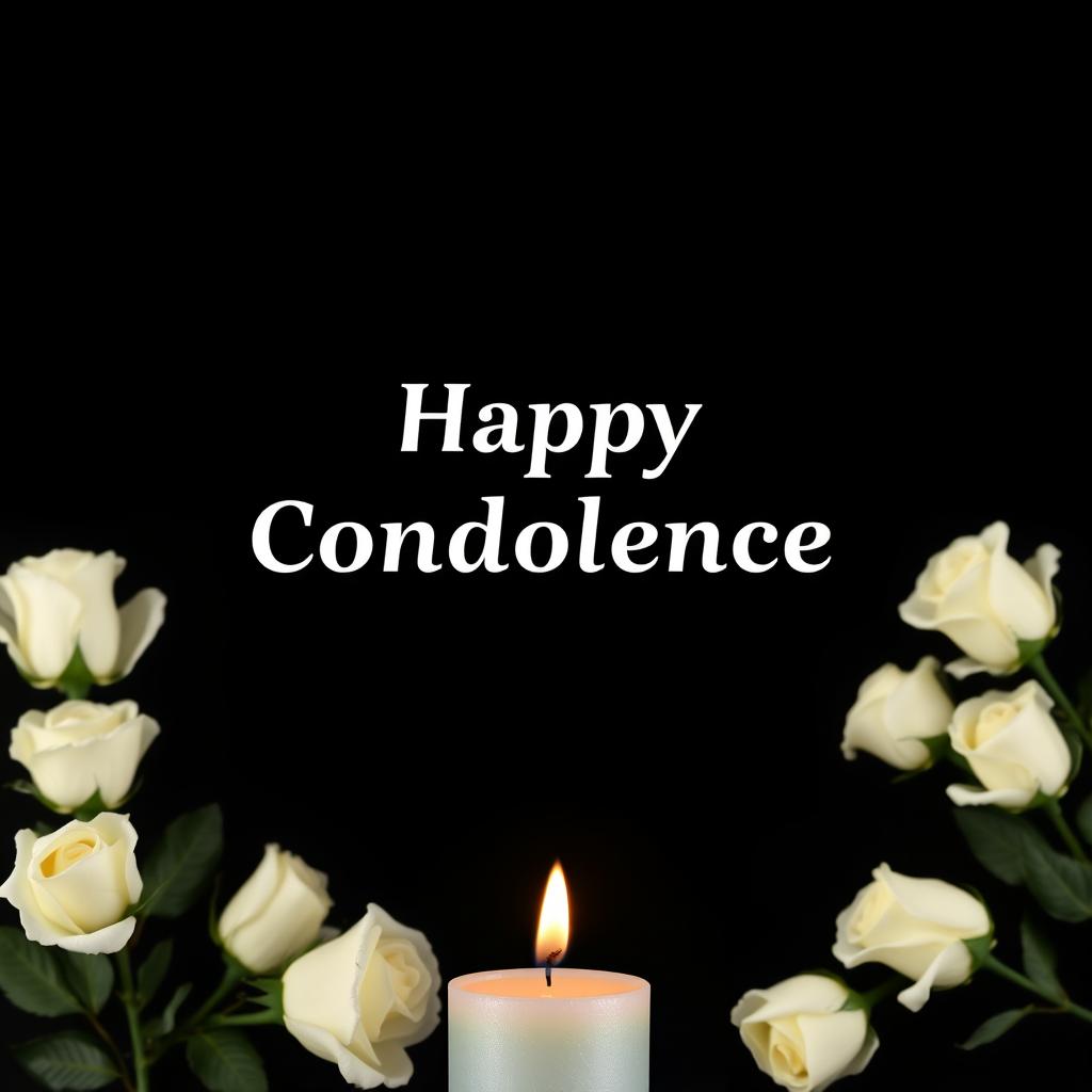 A solemn black background designed for a condolence message, featuring delicate white roses arranged gracefully