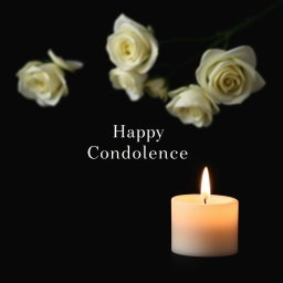 A solemn black background designed for a condolence message, featuring delicate white roses arranged gracefully