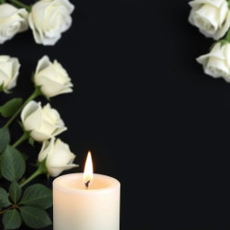 A solemn black background designed for a condolence message, featuring delicate white roses arranged gracefully