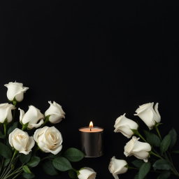A somber yet elegant black background adorned with white roses gracefully arranged around a melting candle