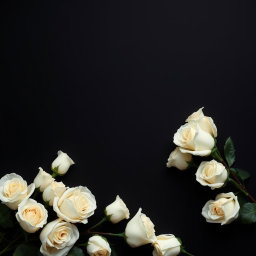 A somber yet elegant black background adorned with white roses gracefully arranged around a melting candle